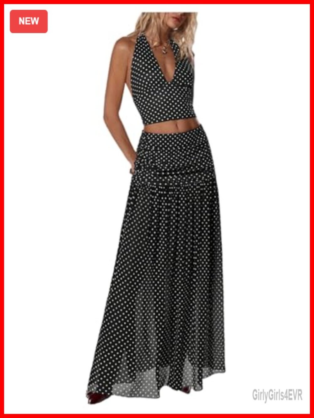 2 Piece Polka Dots Halter Crop Top & Ruched Maxi Skirt Set Sleeveless Backless